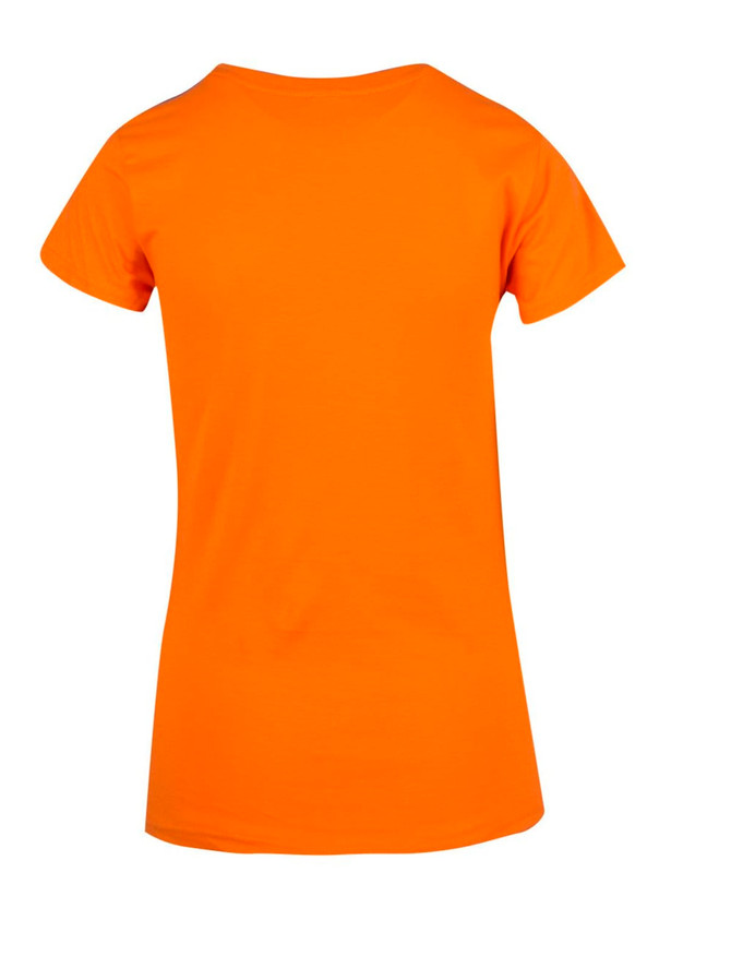 An orange women's modern fit T-shirt featured with short sleeves and a round neckline.