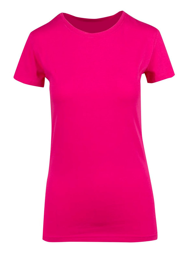 A women's modern fit T-shirt in vibrant pink, featuring short sleeves and a classic crew neck design.