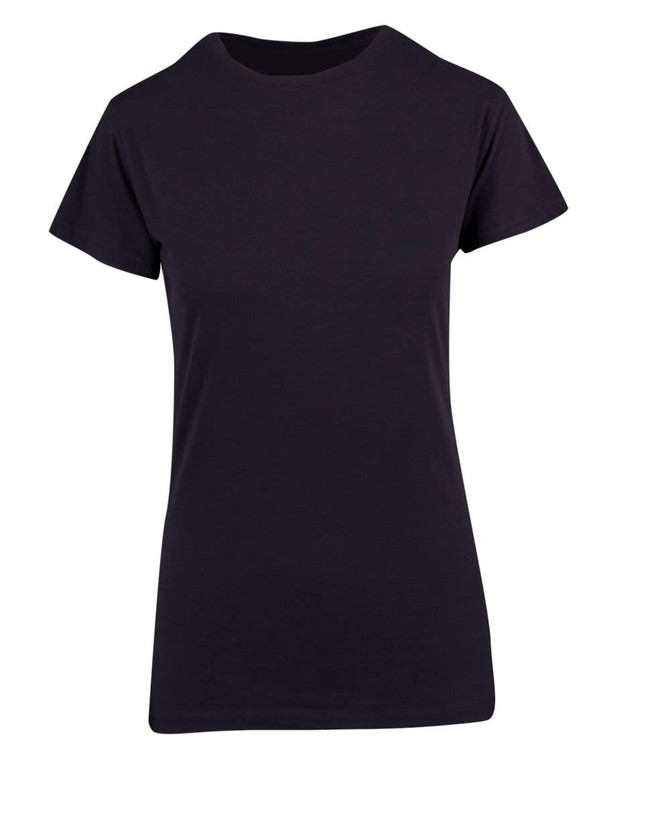 A women's modern fit t-shirt in black with a classic crew neckline and short sleeves, featuring a logo.