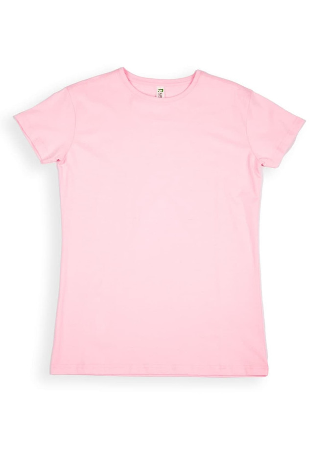 A pink women's modern fit T-shirt with a simple design and a crew neckline. Includes a logo on the label.