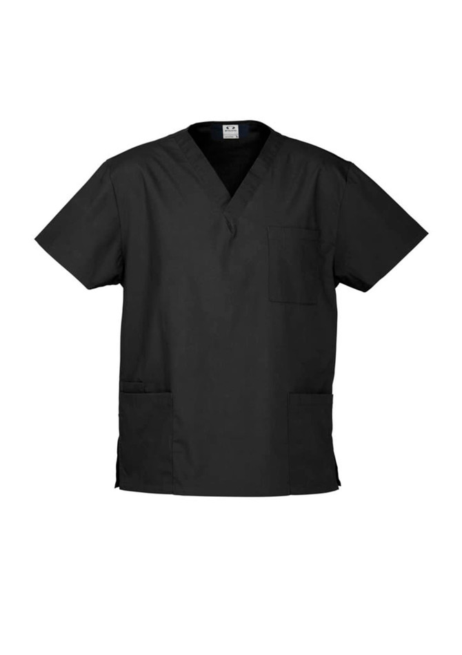 A black unisex scrub top featuring a V-neck design and two front pockets. Includes a logo on the neck label.
