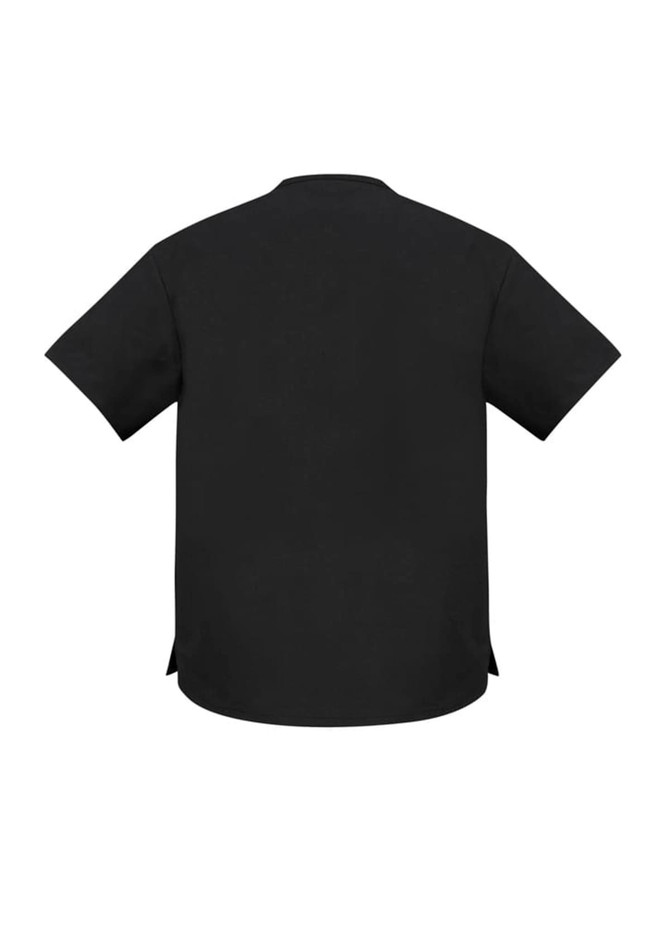 A black unisex scrub top featuring short sleeves and a relaxed fit, with a simple design and a logo.