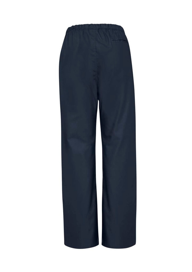 Classic women's bootleg scrub pants in navy blue, featuring an elastic waistband and a logo on the back.