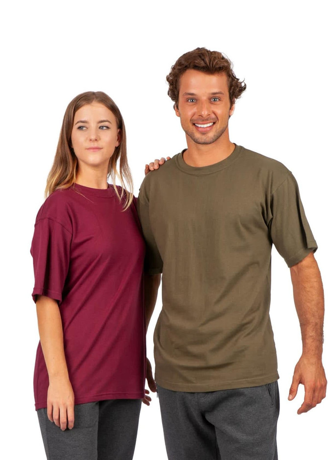 Two models wearing unisex regular T-shirts, one in burgundy and the other in olive green.
