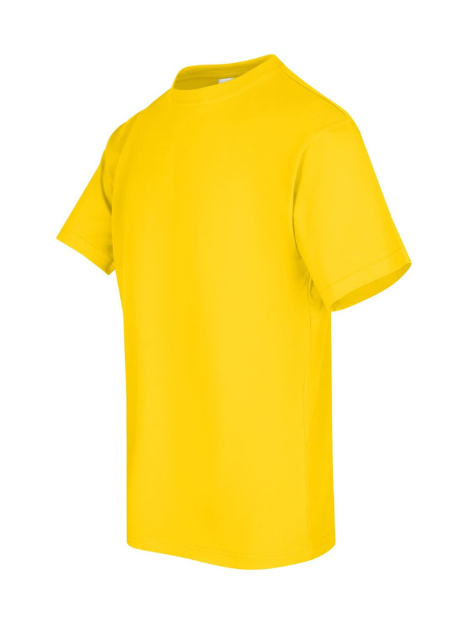 A yellow unisex regular T-shirt with a classic crew neckline and short sleeves. It features a logo.