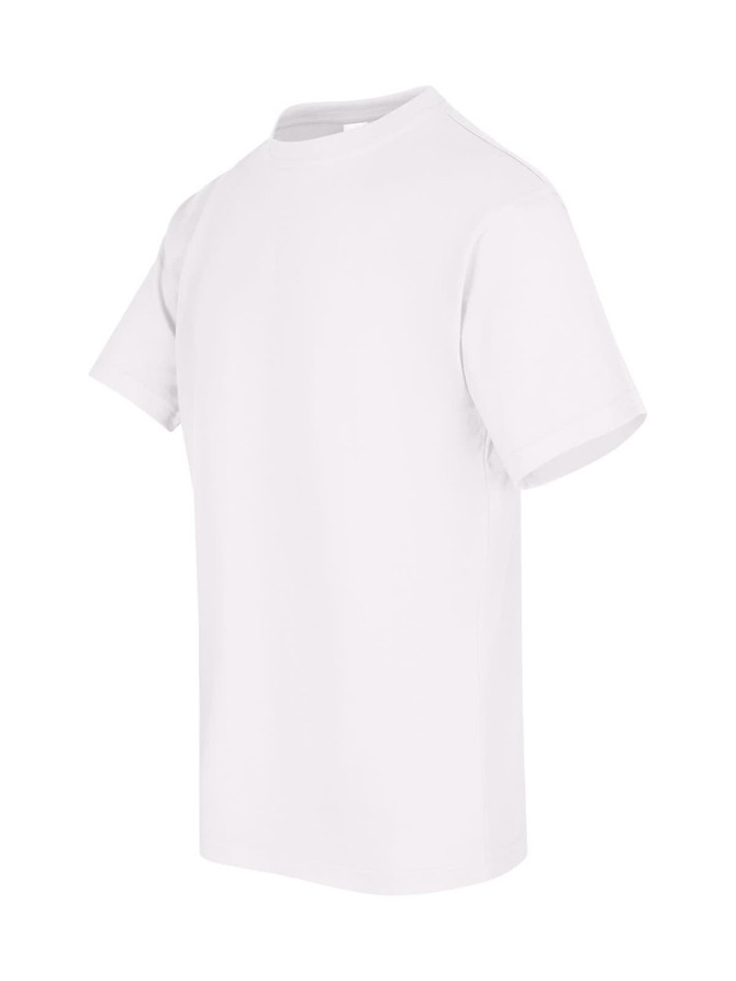 A white unisex regular T-shirt with short sleeves and a simple design. It features a logo on the side.