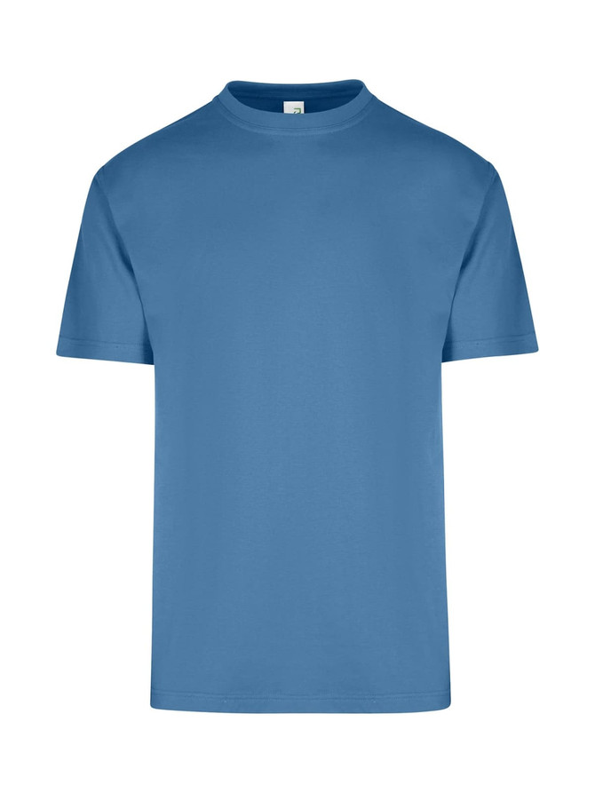 A blue unisex regular T-shirt with short sleeves and a crew neckline. Features a logo on the label.
