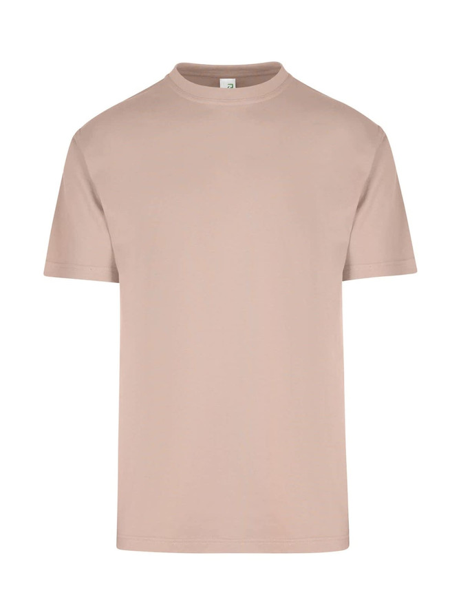 A beige regular t-shirt with short sleeves and a crew neck, featuring a small logo on the label.