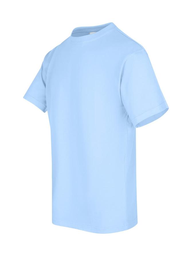 A light blue unisex t-shirt displayed from a side angle, featuring short sleeves and a round neckline.