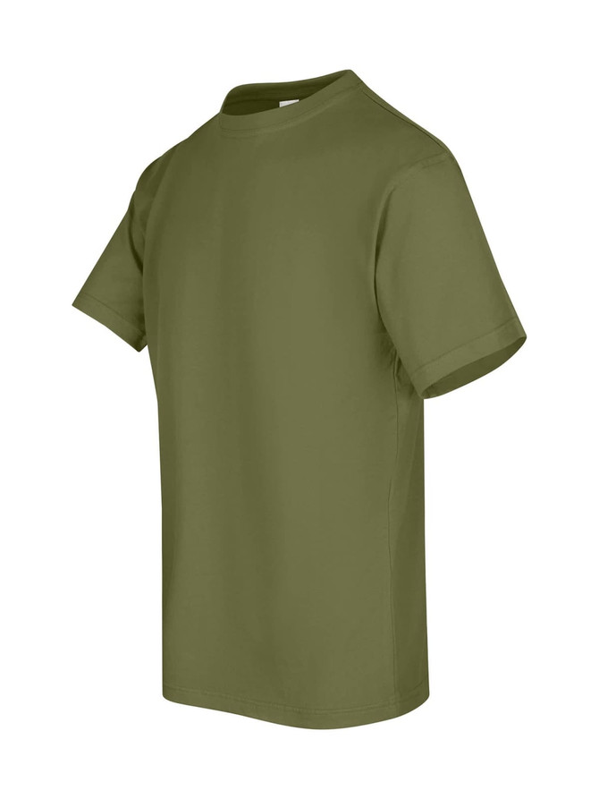 An olive green unisex regular T-shirt with short sleeves. The shirt has a plain design and includes a logo.