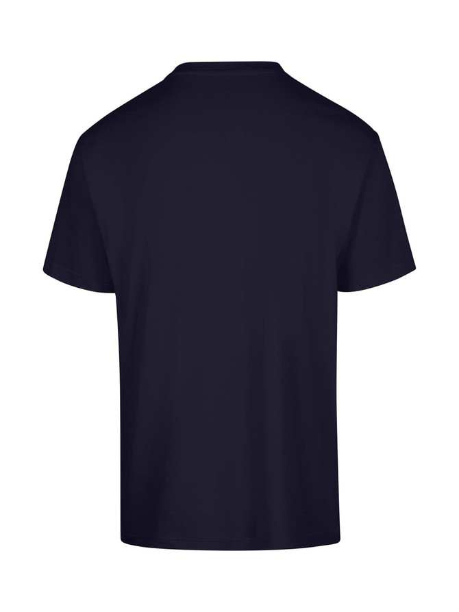 A navy blue unisex regular T-shirt featuring a plain design with a logo.