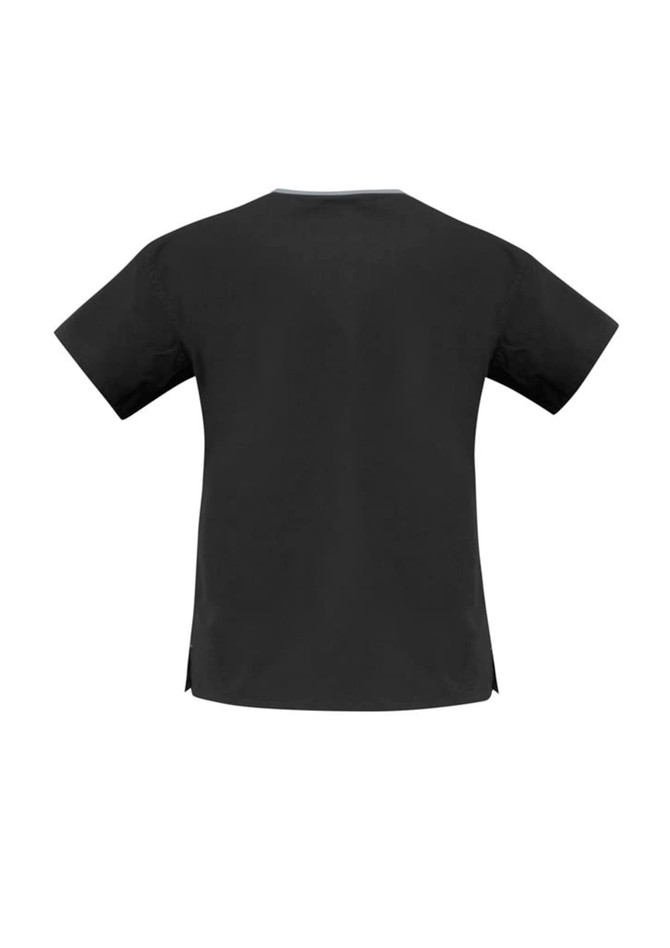 A black women's scrub top with a classic design and crossover neckline, featuring short sleeves and side vents.