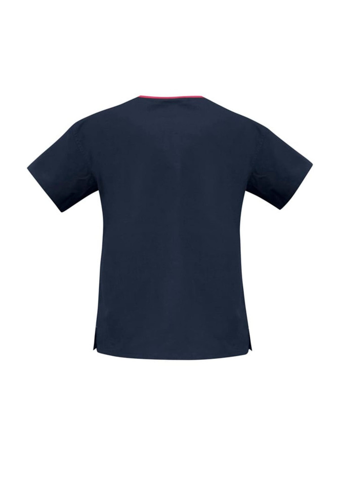 A dark navy scrub top with short sleeves and a contrast neckline. Features side slits and a branded logo.