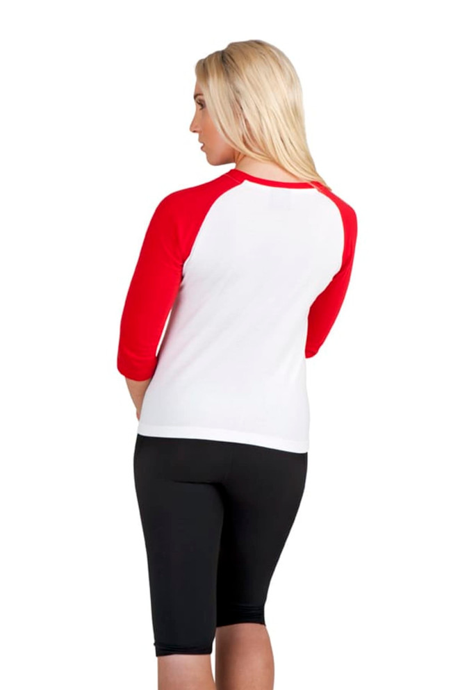 A women's 3/4 sleeve raglan T-shirt in red and white, featuring a logo, shown from the back.