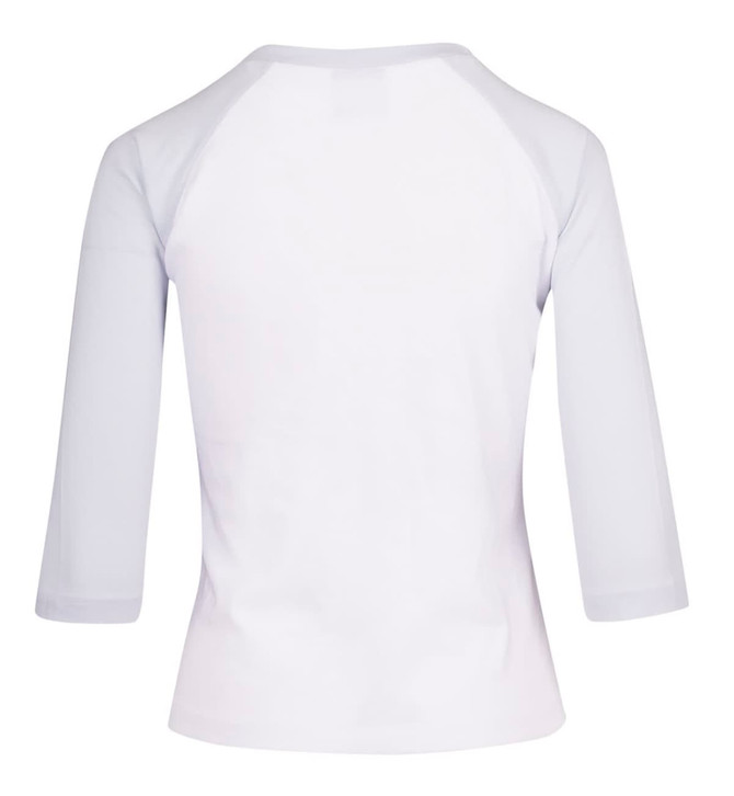 A white women's 3/4 sleeve raglan t-shirt with a solid design and a small logo on the back.