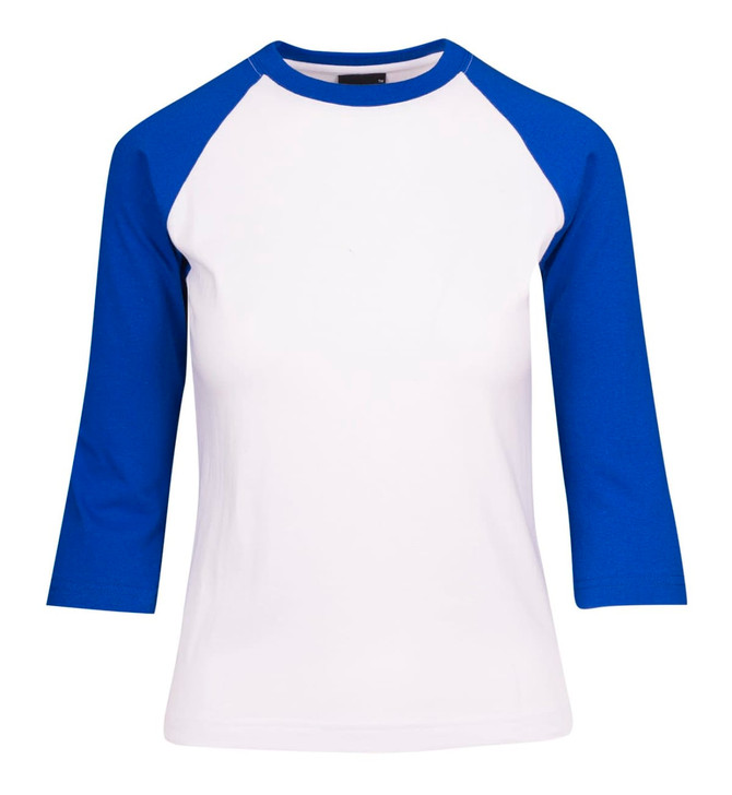 A women's 3/4 sleeve raglan T-shirt featuring white fabric with blue sleeves and a logo.