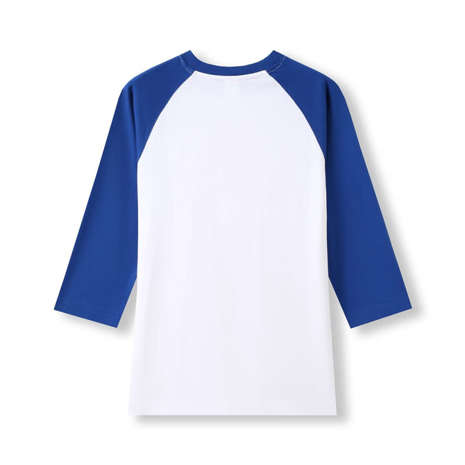 A 3/4 sleeve raglan T-shirt featuring a white body and blue sleeves, with a branding logo.