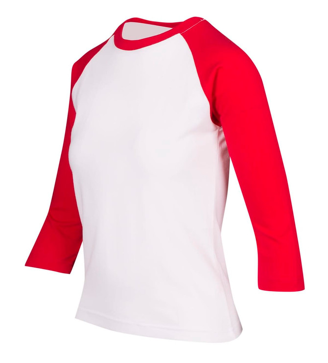 A women's 3/4 sleeve raglan T-shirt featuring red sleeves and a white body. The shirt has a logo.