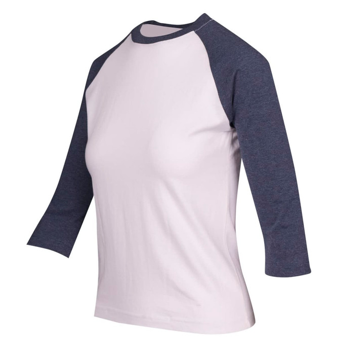 A women's 3/4 sleeve raglan T-shirt featuring a white body and navy blue sleeves, with a logo on the front.