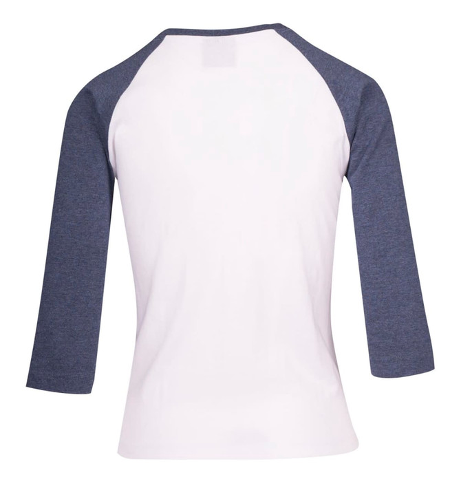 A women's 3/4 sleeve raglan t-shirt featuring a white body and navy blue sleeves, with a logo on the back.