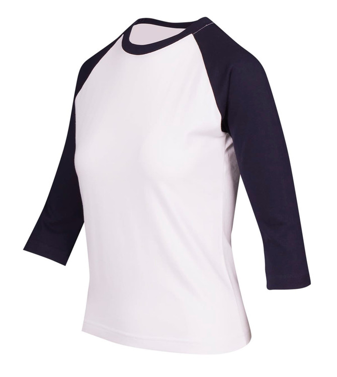 A women's 3/4 sleeve raglan T-shirt in white with navy sleeves. It features a logo on the front.