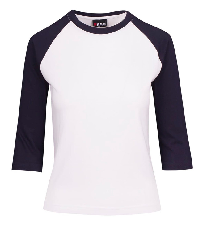 A white women's 3/4 sleeve raglan T-shirt with navy blue sleeves and a logo on the label.