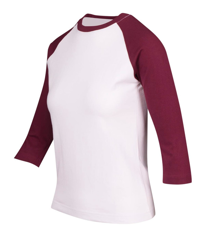 A women's 3/4 sleeve raglan t-shirt featuring white fabric with maroon sleeves. The shirt has a logo.