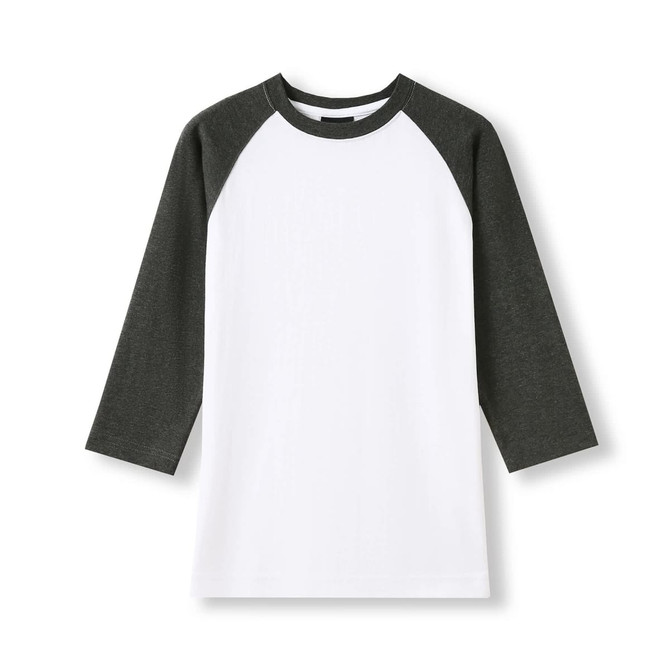 A Women's 3/4 Sleeve Raglan T-shirt featuring a white body and dark grey sleeves. It has a logo on the label.