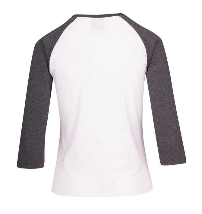A women's 3/4 sleeve raglan t-shirt featuring a white body and grey sleeves, with a logo.