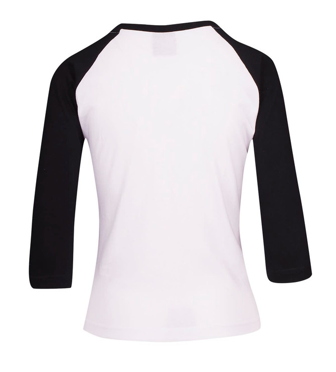 A women's 3/4 sleeve raglan T-shirt featuring a white body and black sleeves, with a logo on it.