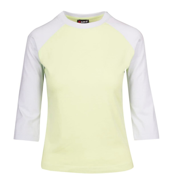 A women's 3/4 sleeve raglan t-shirt in light yellow with grey sleeves. It features a logo on the neckline.
