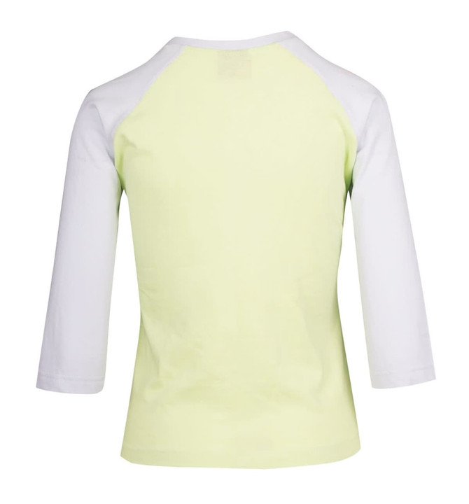 A women's 3/4 sleeve raglan T-shirt in light green with white sleeves, featuring a logo on the back.