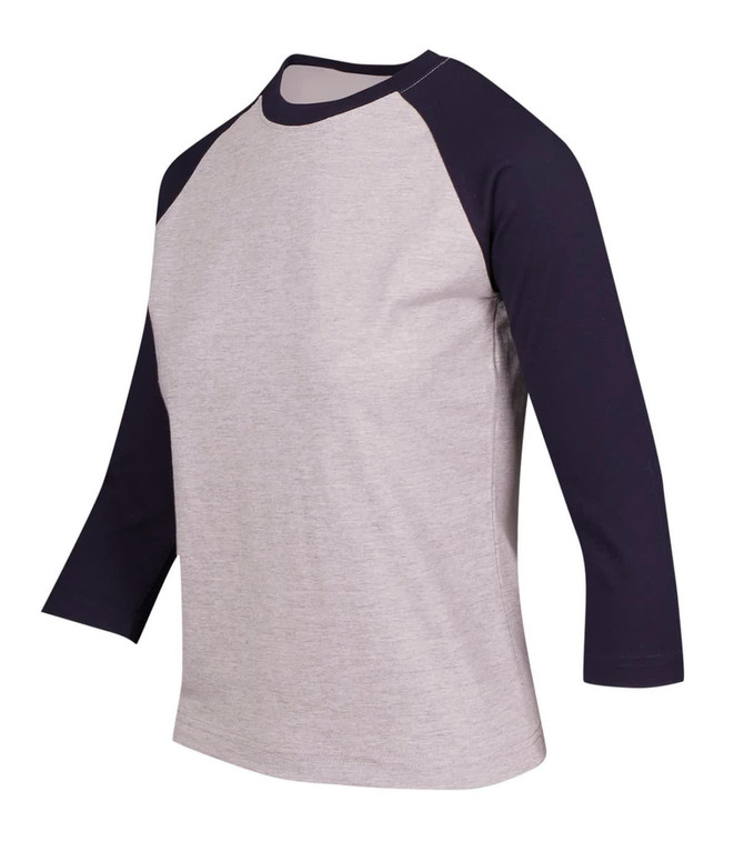 A grey and navy women's 3/4 sleeve raglan T-shirt with a simple design and a logo on the chest.