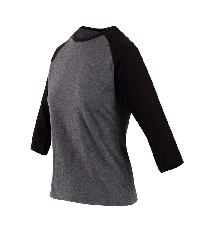 A women's 3/4 sleeve raglan T-shirt in grey with black sleeves, featuring a logo on the side.