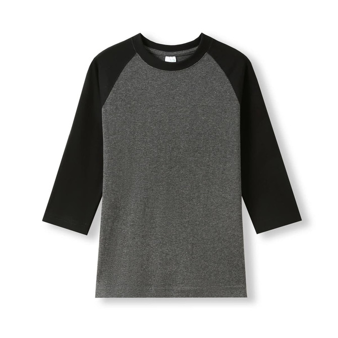 A women's 3/4 sleeve raglan T-shirt in grey and black, featuring contrasting sleeves and a logo.