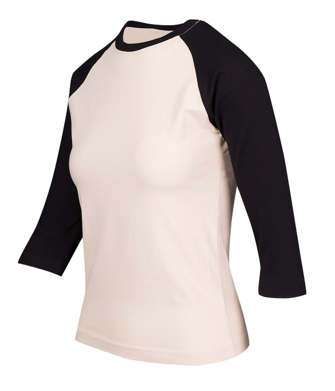 A women's 3/4 sleeve raglan T-shirt in cream and black with a logo on the side.