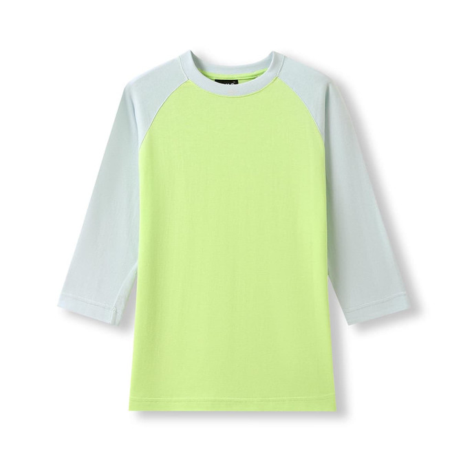 A women's 3/4 sleeve raglan T-shirt featuring a light green body and light blue sleeves, with a logo on the front.