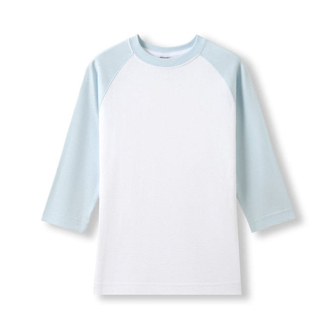 A women's 3/4 sleeve raglan T-shirt in white with light blue sleeves. It has a logo on the front.