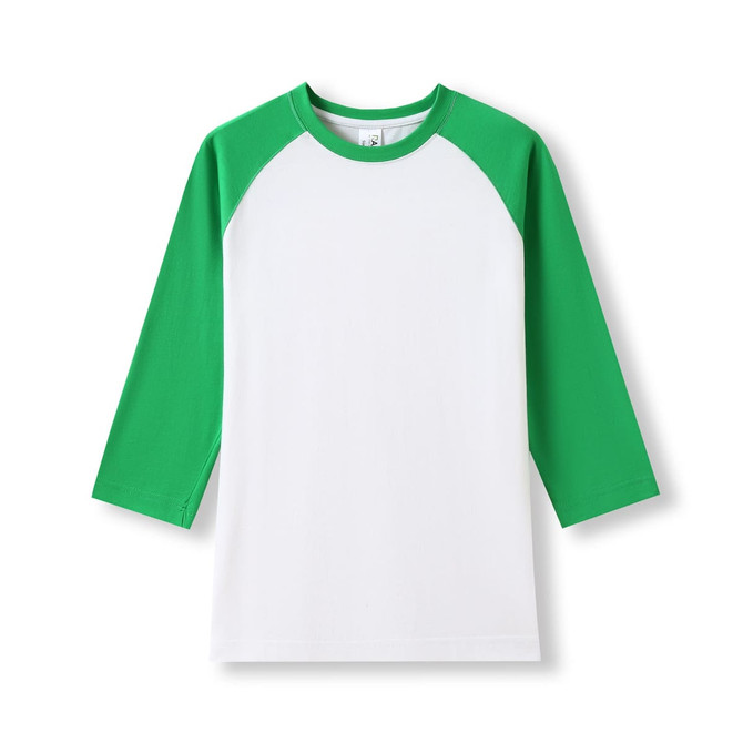 Women's 3/4 sleeve raglan t-shirt in green and white, featuring a comfortable fit and a branding logo.