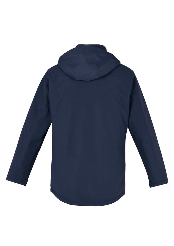 A navy rain jacket with a hood, featuring long sleeves and a plain design on the back. It includes a logo.
