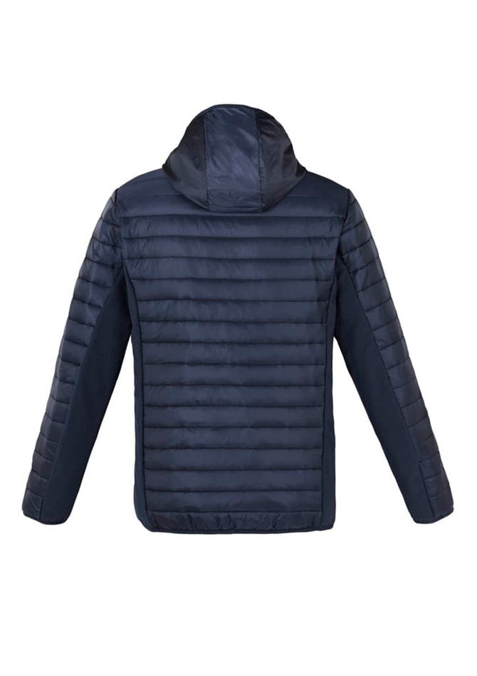 A unisex soft shell jacket in navy blue with a hood, showcasing a quilted design on the back and a logo.