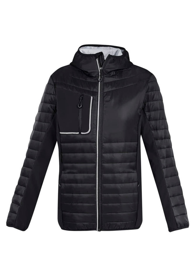 A unisex black soft shell jacket with a zip front and a large chest pocket. It features a hood and quilted design.