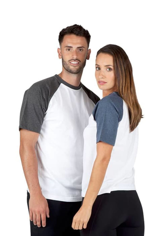 A men's and unisex raglan sleeve tee in white with grey and navy sleeves, featuring a logo.