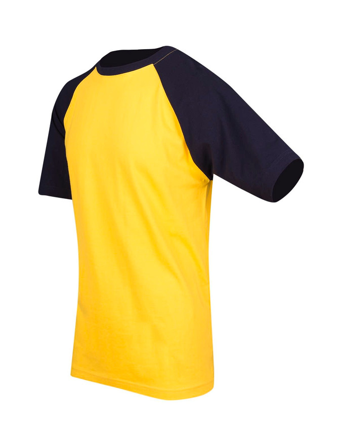 A unisex raglan sleeve tee in yellow with navy sleeves, featuring a logo on the front.