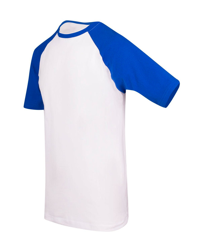 Men's unisex raglan sleeve tee in white with blue sleeves. Features a simple design and includes a logo.