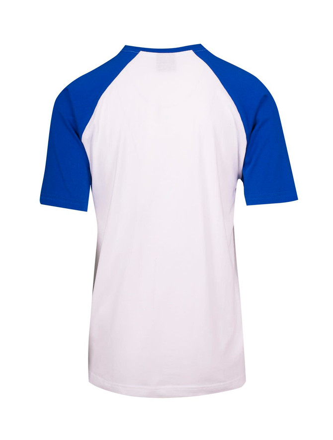A unisex raglan sleeve tee in white with blue sleeves. It features a logo on the back.