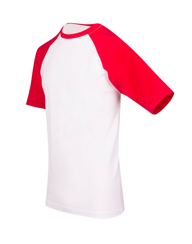 A unisex raglan sleeve tee featuring red sleeves and a white body, with a logo on one side.