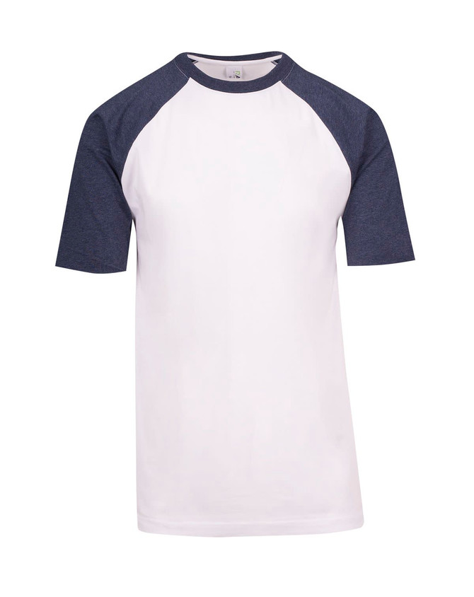 Men's/unisex raglan sleeve tee featuring a white body and navy blue sleeves. Includes a logo on the design.