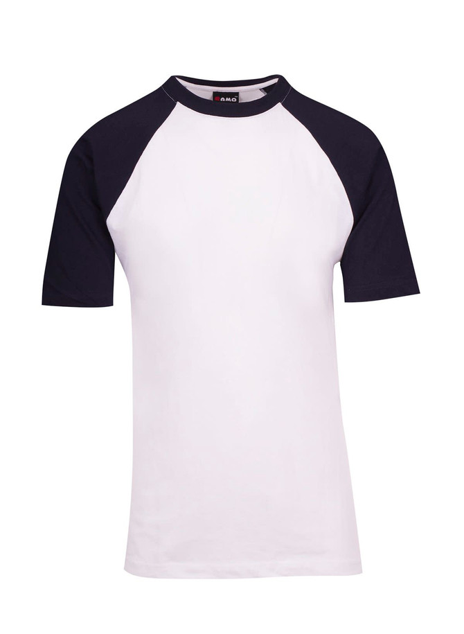 A unisex raglan sleeve tee featuring a white body with black sleeves. It has a logo tag at the neckline.