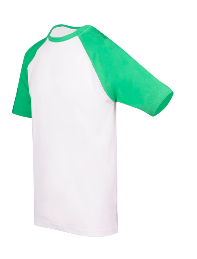 A unisex raglan sleeve tee featuring white fabric with green sleeves. It has a logo on the front.